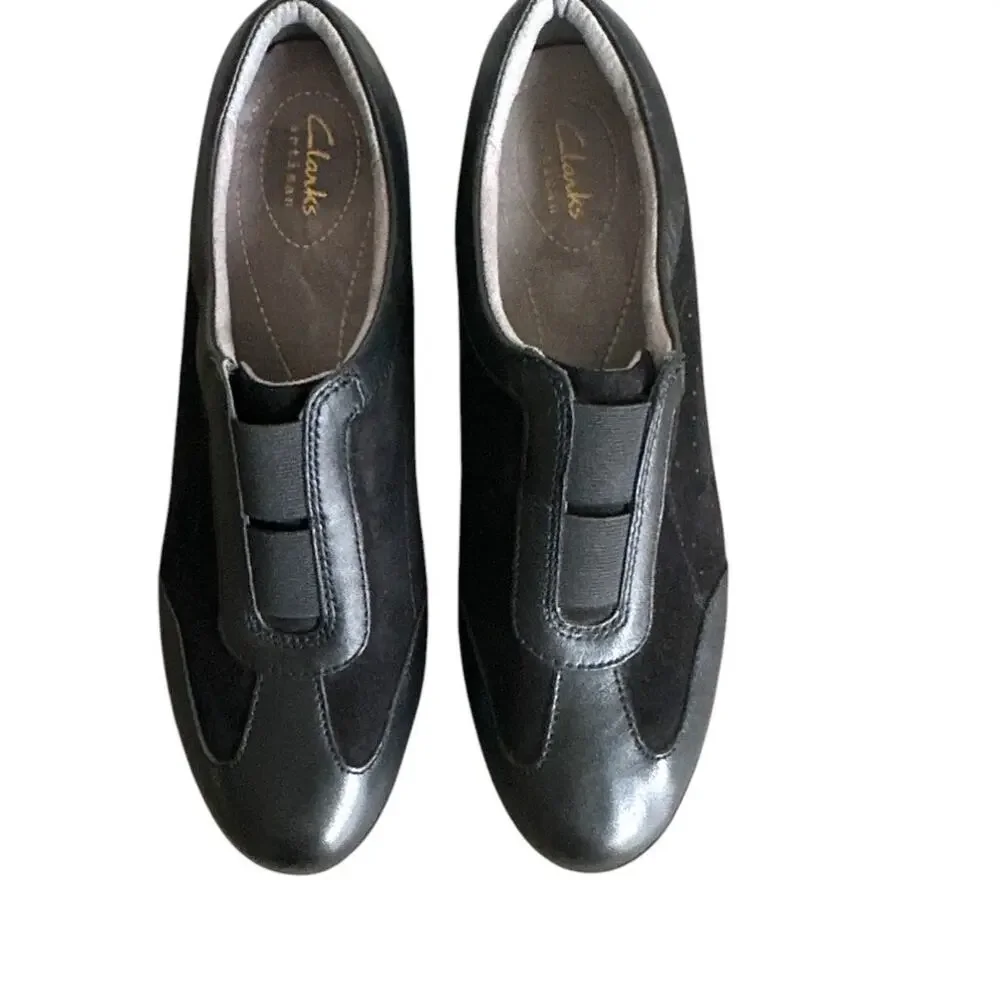 Clarks Black Leather Suede Perforated Wedge Slip On Loafers Shoes Women 8.5